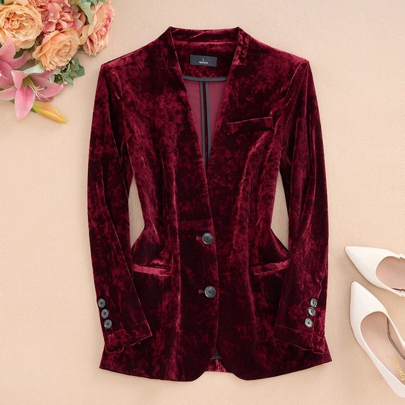 Velvet Blazer Women - Spring And Autumn New Printed Collarless